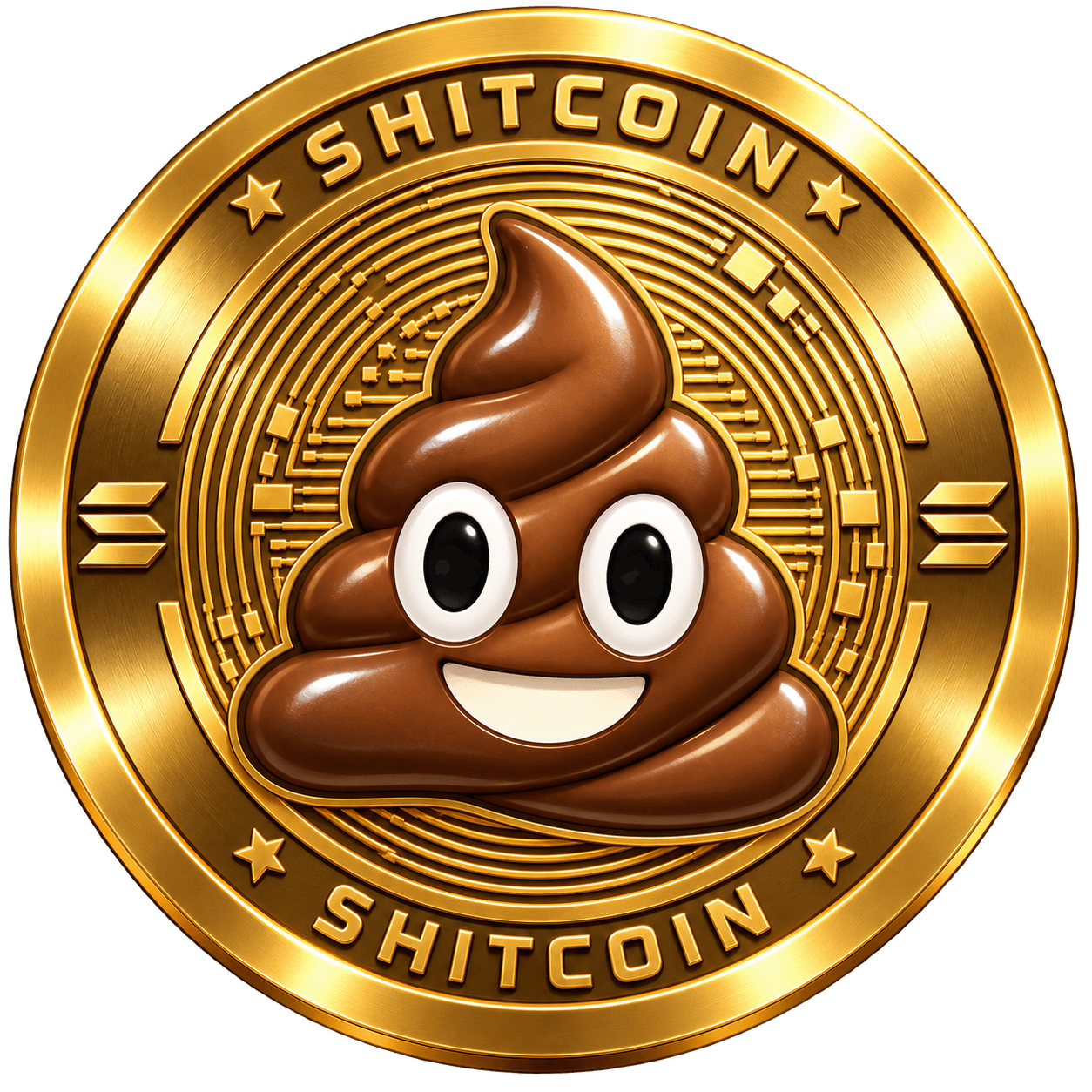 A gold SHITCOIN with a smiling poop mascot and Solana symbols